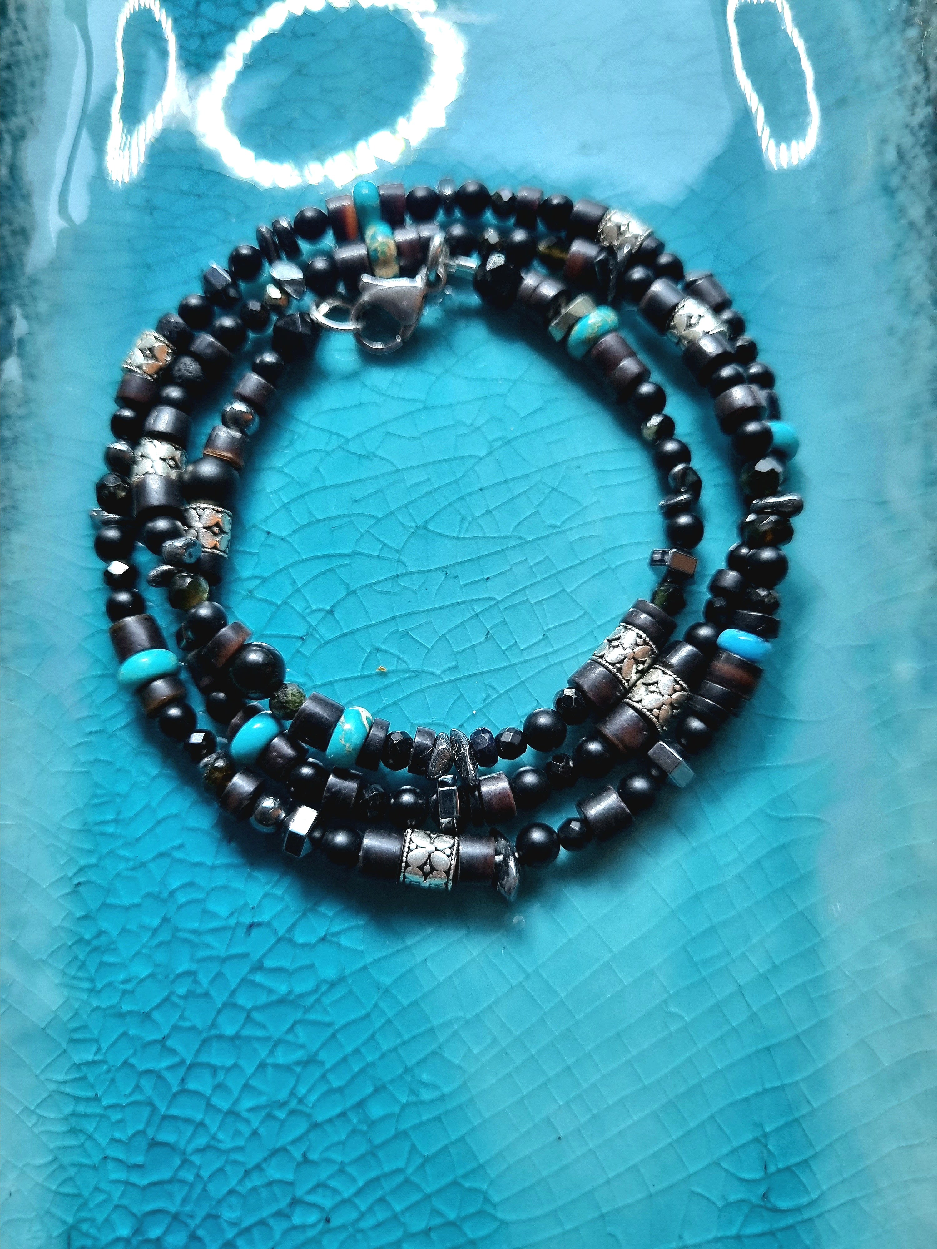 Three Lines Lucky Clover Onyx & Turquoise Bracelet