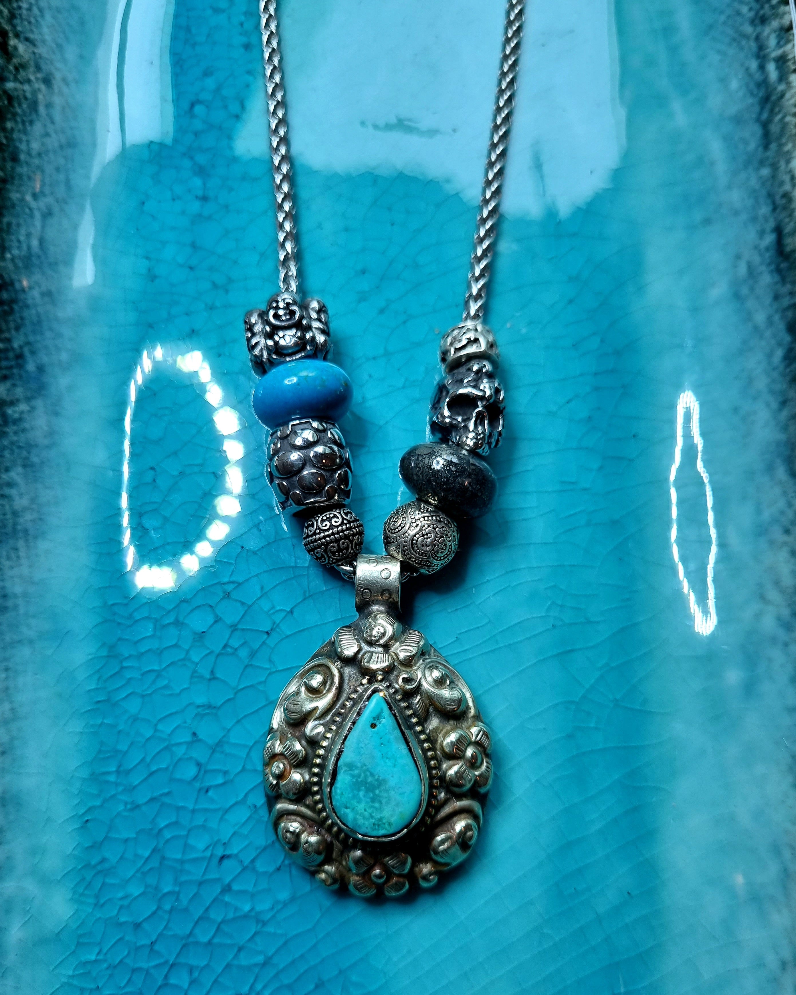 Tibetan Turquoise medal on Snake Chain